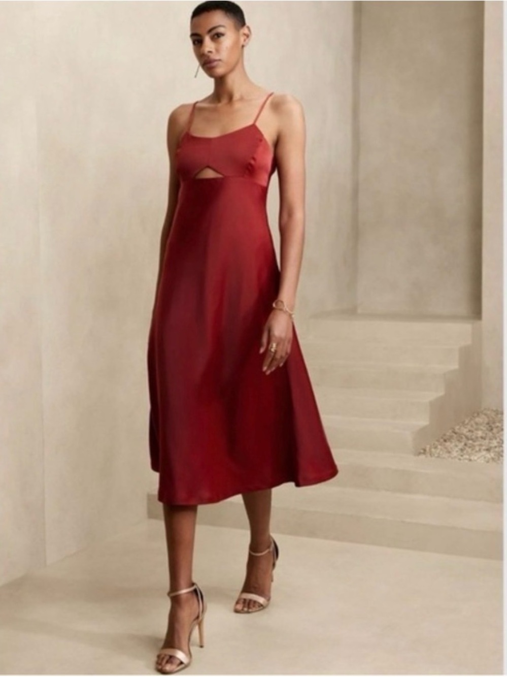 Banana Republic Satin Midi Dress in Deep Red with Front Cutout